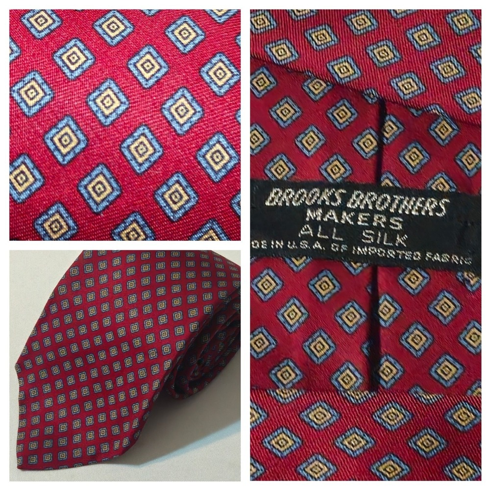 Brooks Brothers Red Blue Gold  Diamonds 3.25' Necktie Neck Tie Silk Handmade USA